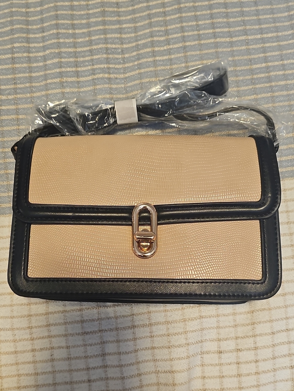Beige and Black Structured Crossbody Bag with Gold Hardware